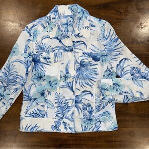 Tommy Bahama Womens White 100% Linen Blue Tropical Floral Jacket XS
